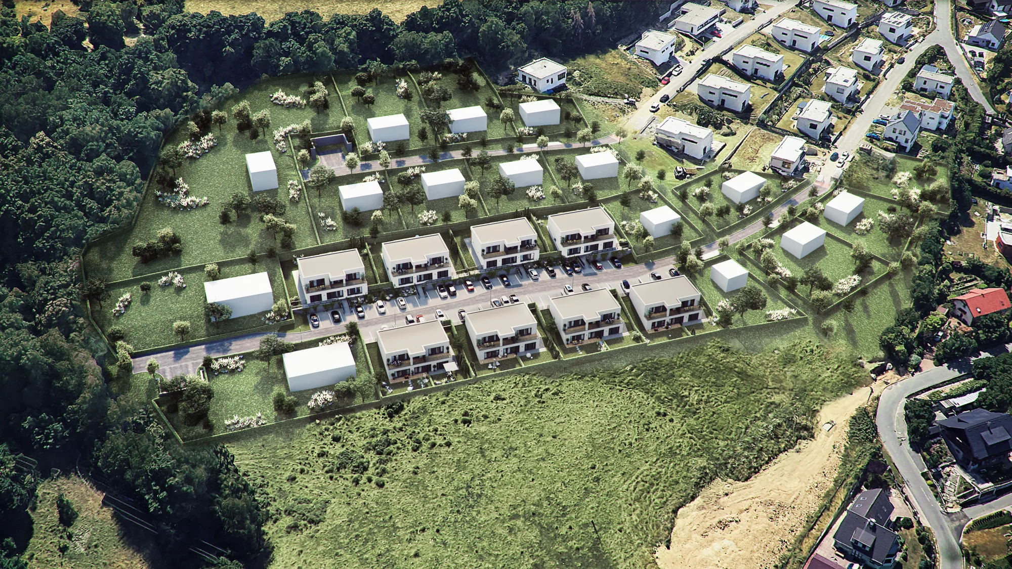 Letecký zákres rezidenční lokality Boněcko – osm domů ve dvou řadách